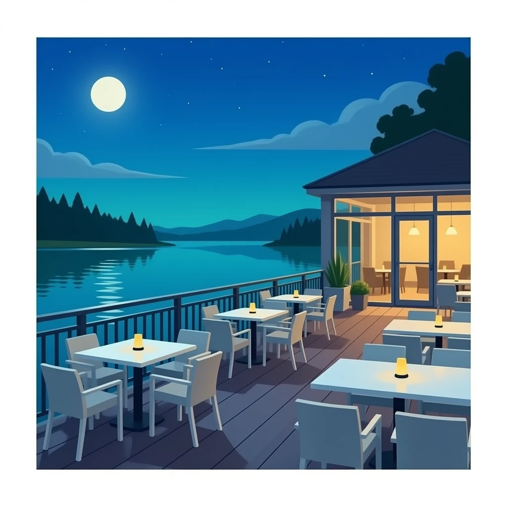 Novo Restaurant & Lounge: pixar-style 3D emoji style, glossy surface, soft shadows, white background, centered, no text, creek-side patio, relaxed upscale night vibe, blue and teal tones, emoji