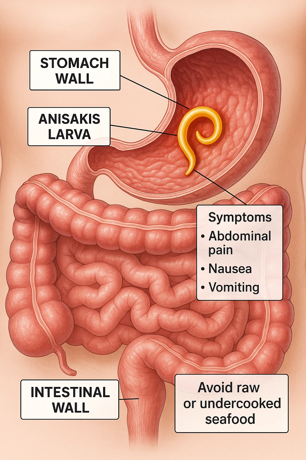 a cutaway view of the human digestive tract, showing an Anisakis larva attached to the stomach or intestinal wall. The parasite is highlighted in color, with surrounding tissue rendered in realistic detail. Educational labels describe symptoms and prevention. emoji