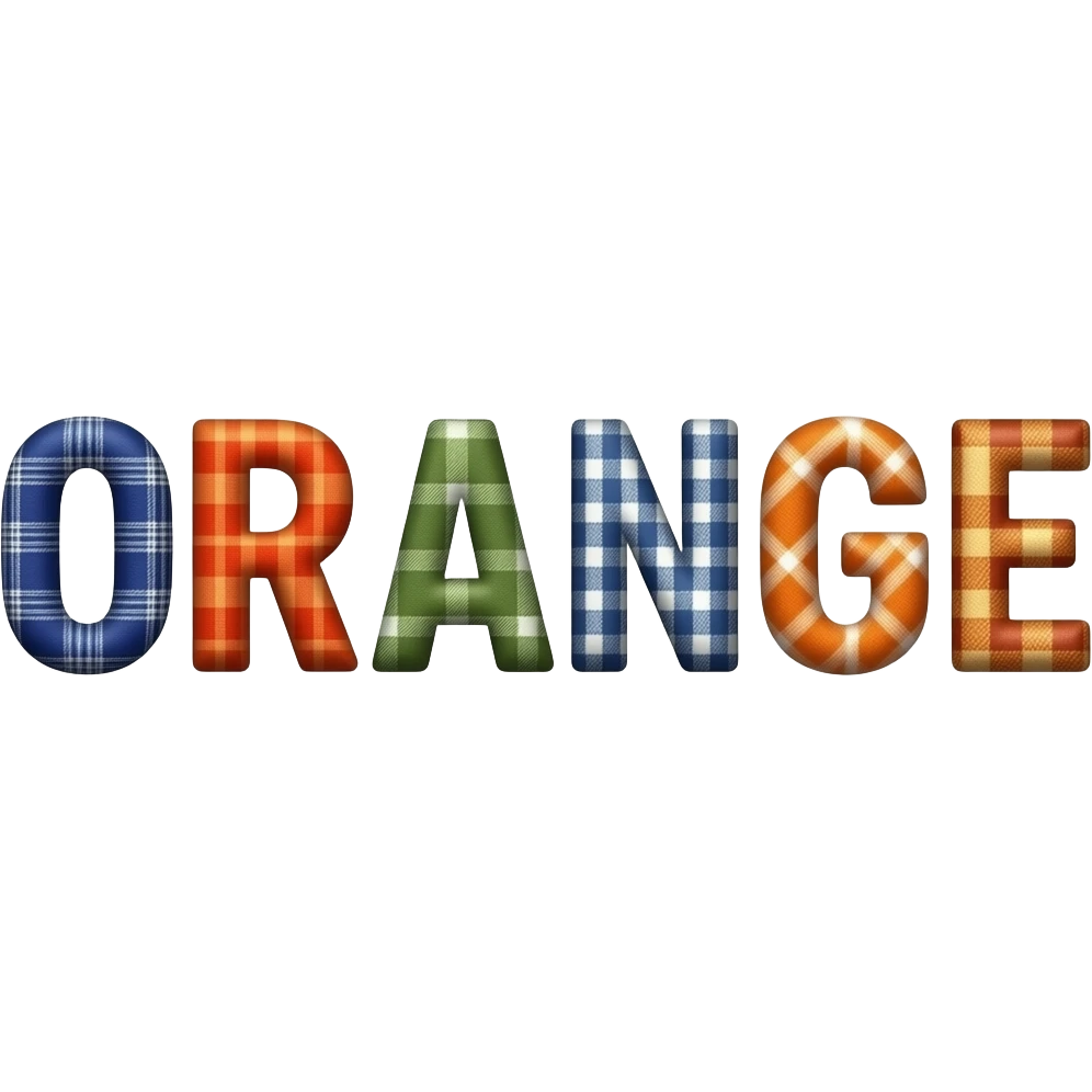 3D letters of the word ORANGE in the style of the fashion material and texture. just on one row. Needs to look like real fashion fabric. just one fabric for every letter emoji