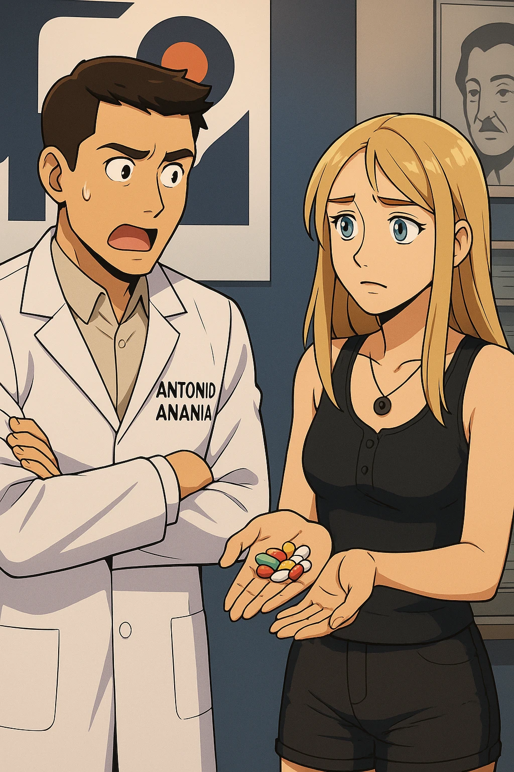 fai un webtoon/manga a colori con questo kinesiologo in camice bianco (fagli la scritta "ANTONIO ANANIA" SUL CAMICE) CHE PARLA CON QUESTA RAGAZZA CON GLI OCCHI AZZURRI. LA RAGAZZA HA UN PUGNO DI INTEGRATORI IN MANO (TANTE PILLOLE DIVERSE) E LE GUARDA DUBBIOSA. IL KINESIOLOGO CON IL CAMICE BIANCO LE DOMANDA UNA COSA SCIOCCATO. NON FARE I FUMETTI, FAI SOLO LORO COME SE DIALOGASSERO emoji