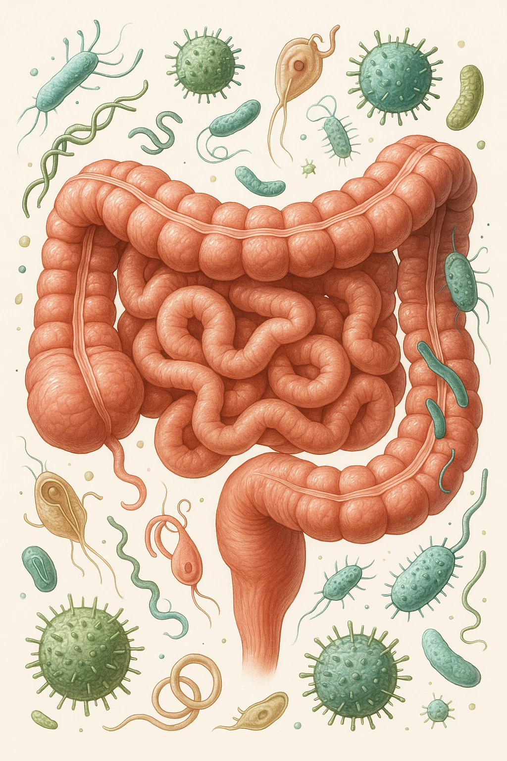 INTESTINO UMANO ANATOMICO CON BATTERI E PARASSITI INTORNO, SFONDO CHIARO NEUTRO, IPERREALISTICO 4K emoji