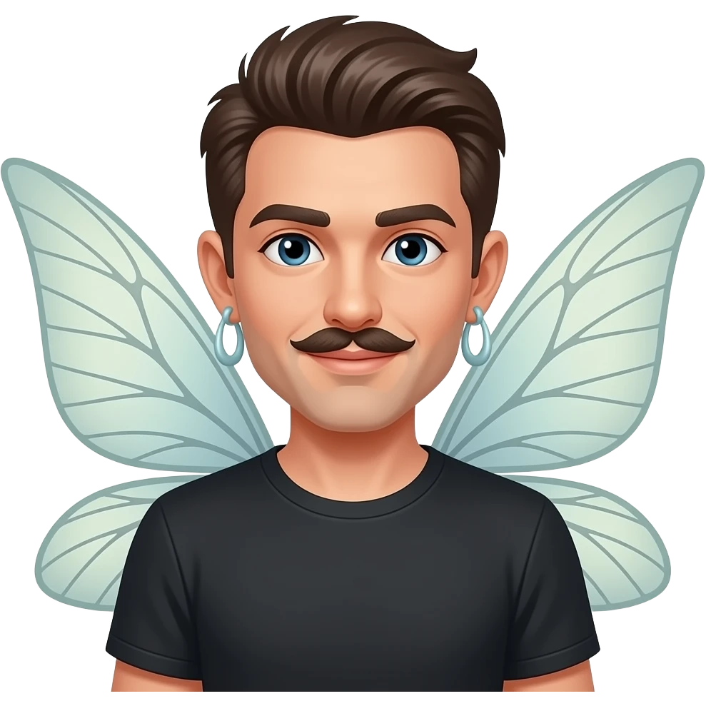fairy face , man, fairy wings sticking out behind shoulders, and big earrings and only mustache emoji