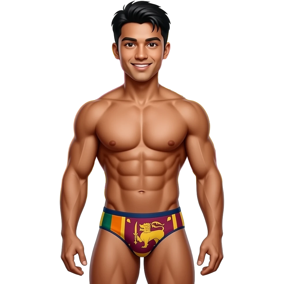 full body sri lankan young male standing with muscular build in thong with sri lanka flag theme emoji