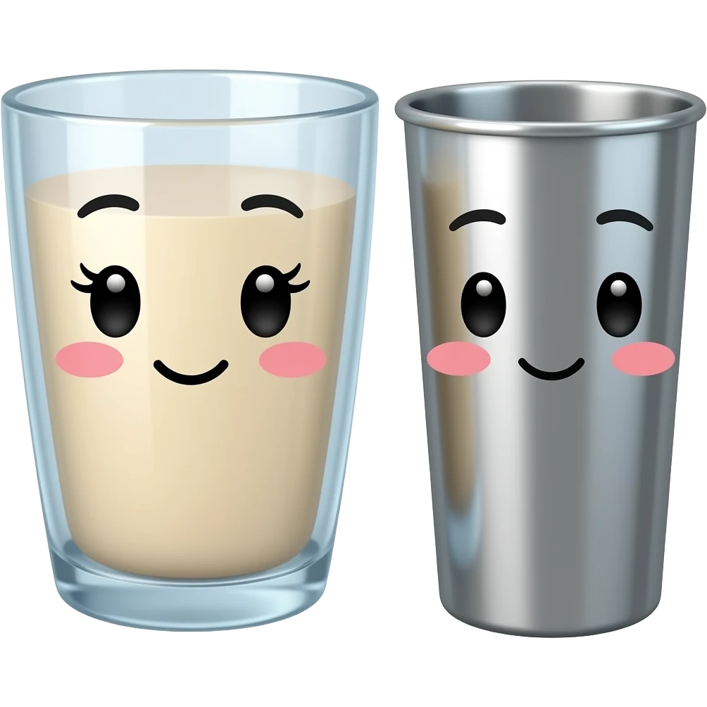 Fat glass cup with a cute face with eyelashes next to slim metal cup with a cute face without eyelashes emoji