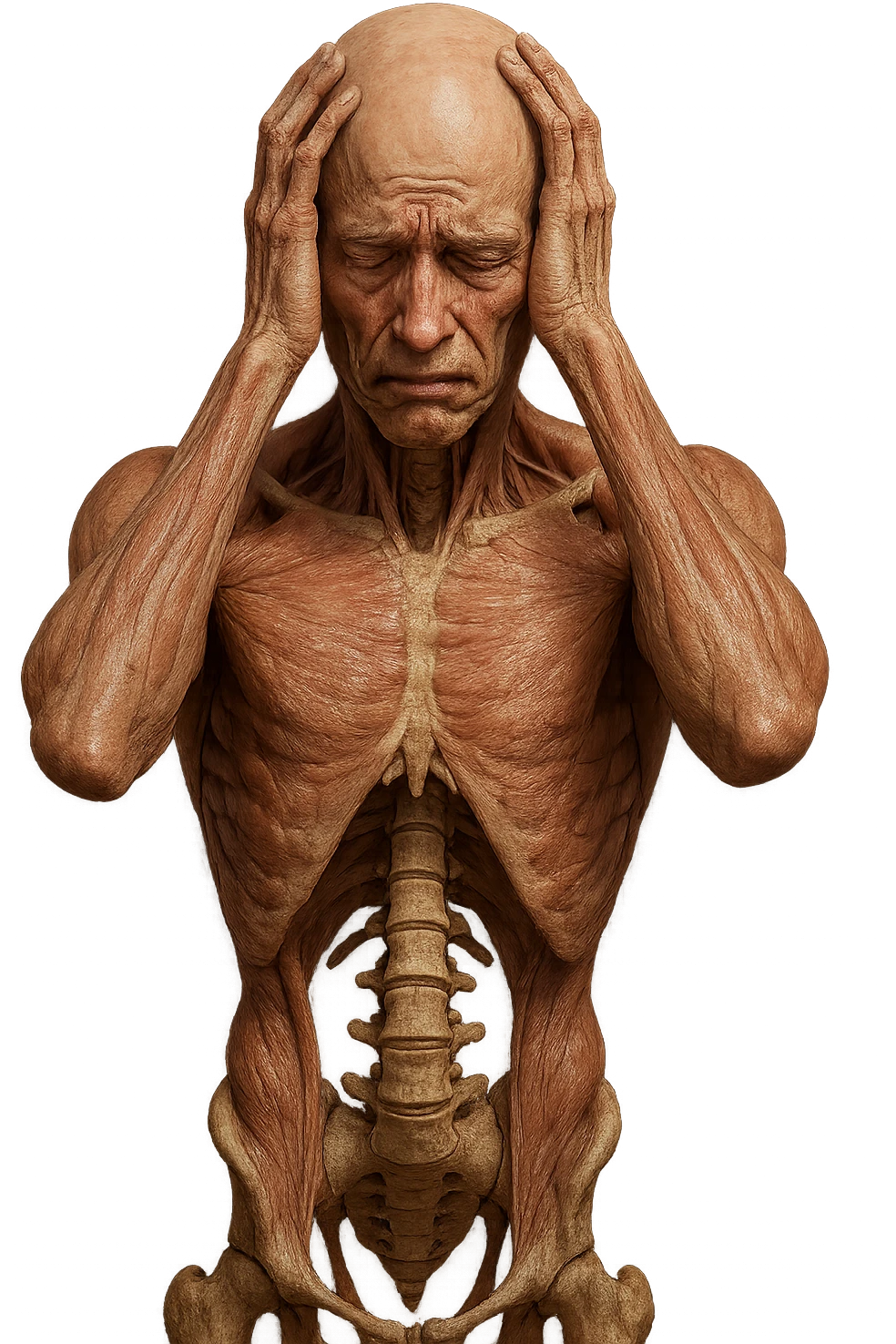 CORPO UMANO ANATOMICO con spina dorsale in evidenza, molto stanca e stressata mentre si tiene le mani sulla testa, IPERREALISTICO 4K emoji