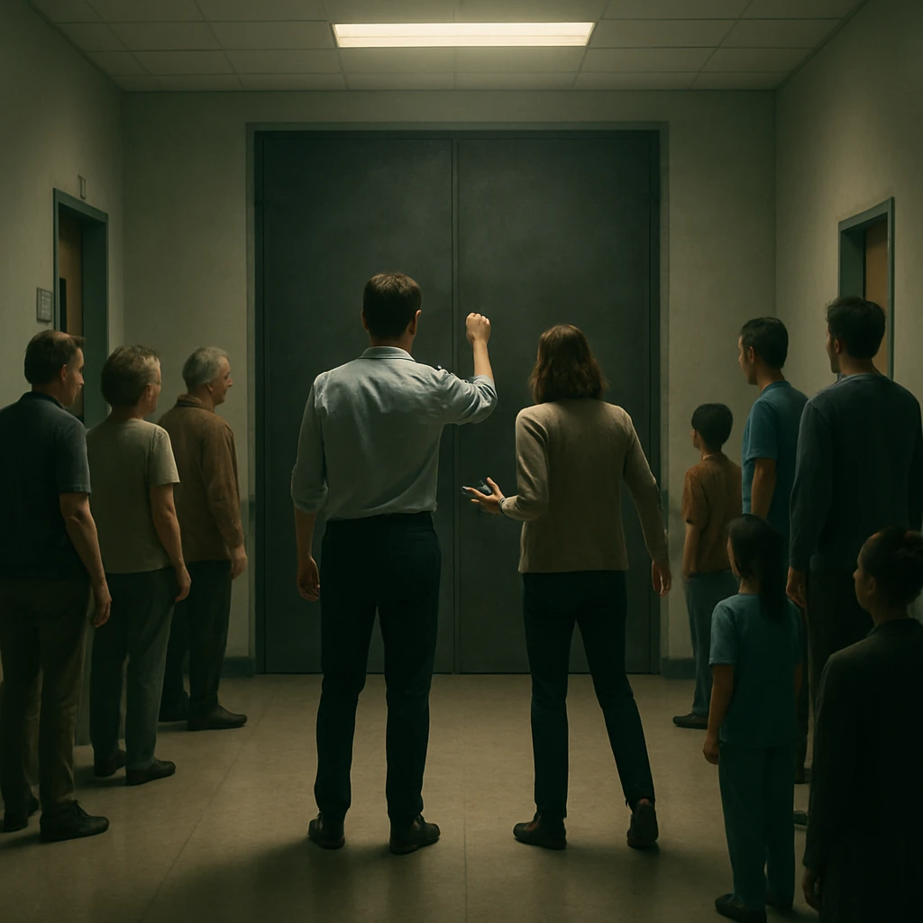 A group in a hospital corridor with a massive closed door at the end, symbolizing illness or barrier. Most people wait passively, two step forward to knock or look for solutions. Lighting on the two, others in muted tones. Conceptual, symbolic, cinematic, hyperrealistic 4K. emoji