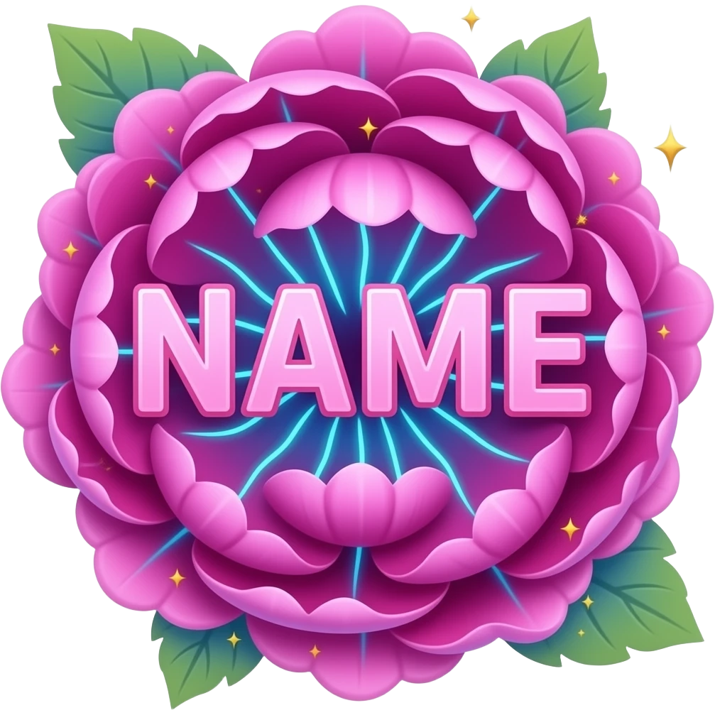 A lush, Peony text 'NAME' with petals that glow with an internal neon pink light. Fine electric-blue veins run through the petals, surrounded by floating golden sparkles. Isolated on a black background for maximum glow effect emoji