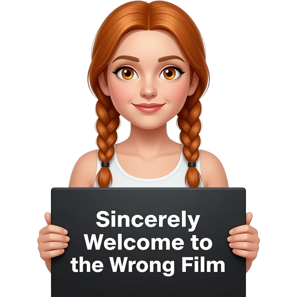 sexy girl with long ginger braids and ginger eyes wearing a white tanktop is holding a big black sign with Herzlich WILLKOMMEN im falschen FILM written on it emoji