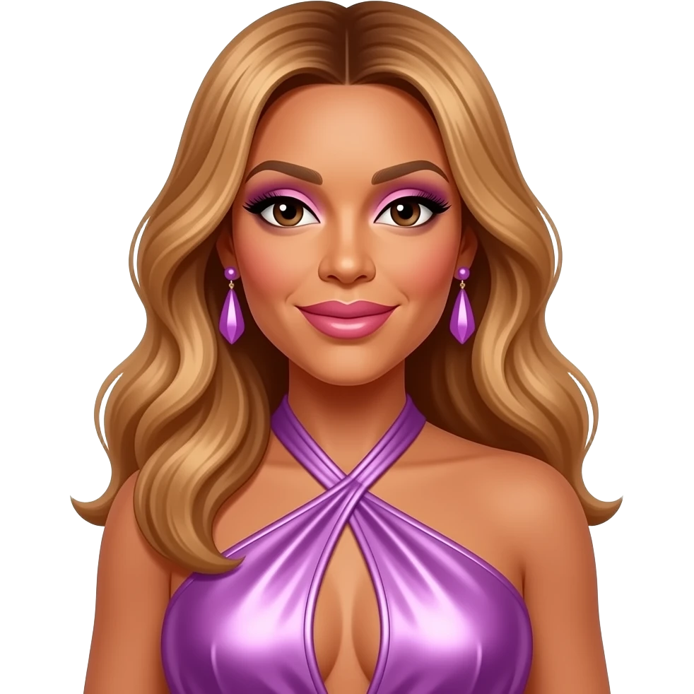 Wendy Williams with dark brown eyes, long reddish blonde hair, pink eyeshadow and lipstick, lavender pink metallic halter dress, lilac earrings emoji