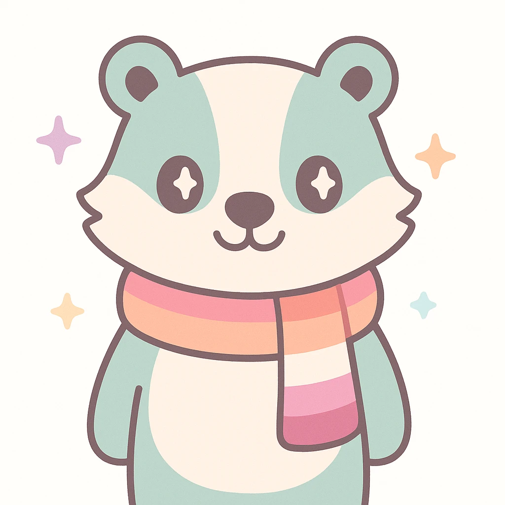 a smiling badger wearing a scarf in lesbian pride colors, friendly and approachable, minimal background emoji