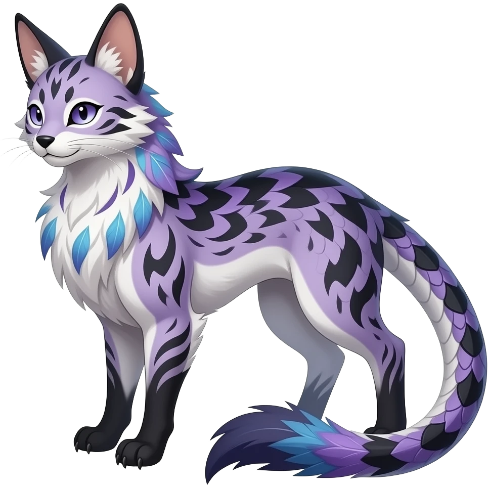 Slim elegant realistic Oriental Asian Furry, tribal-marked-patterned feathery fluffy tropical flecked painted feathery scaly, Purple, white, black, Minccino-Bambino-Lykoi-Linoone-Zangoose-fusion-hybrid-animal-Fakémon-creature, full body, thin long sleek scaly tail, intricate markings emoji