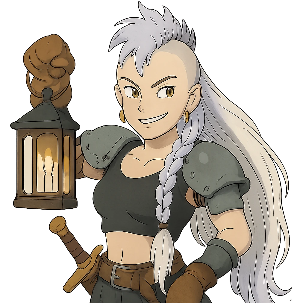 A sword maiden, mohawk, long braid white hair with lavender and tips long l locks cascading to the front, gold yellow eyes, black crop top, brandishing a lantern. Mischievous smirk emoji