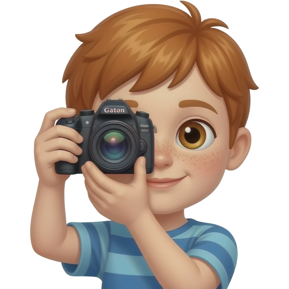 Enfant roux au oeil marron et tache de rousseur avec une caméra emoji