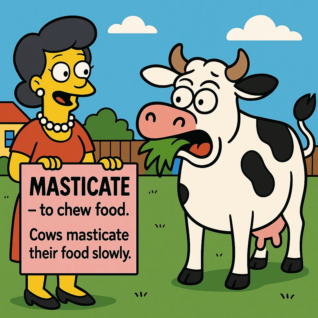 Masticate – to chew food.
Cows masticate their food slowly.
 emoji