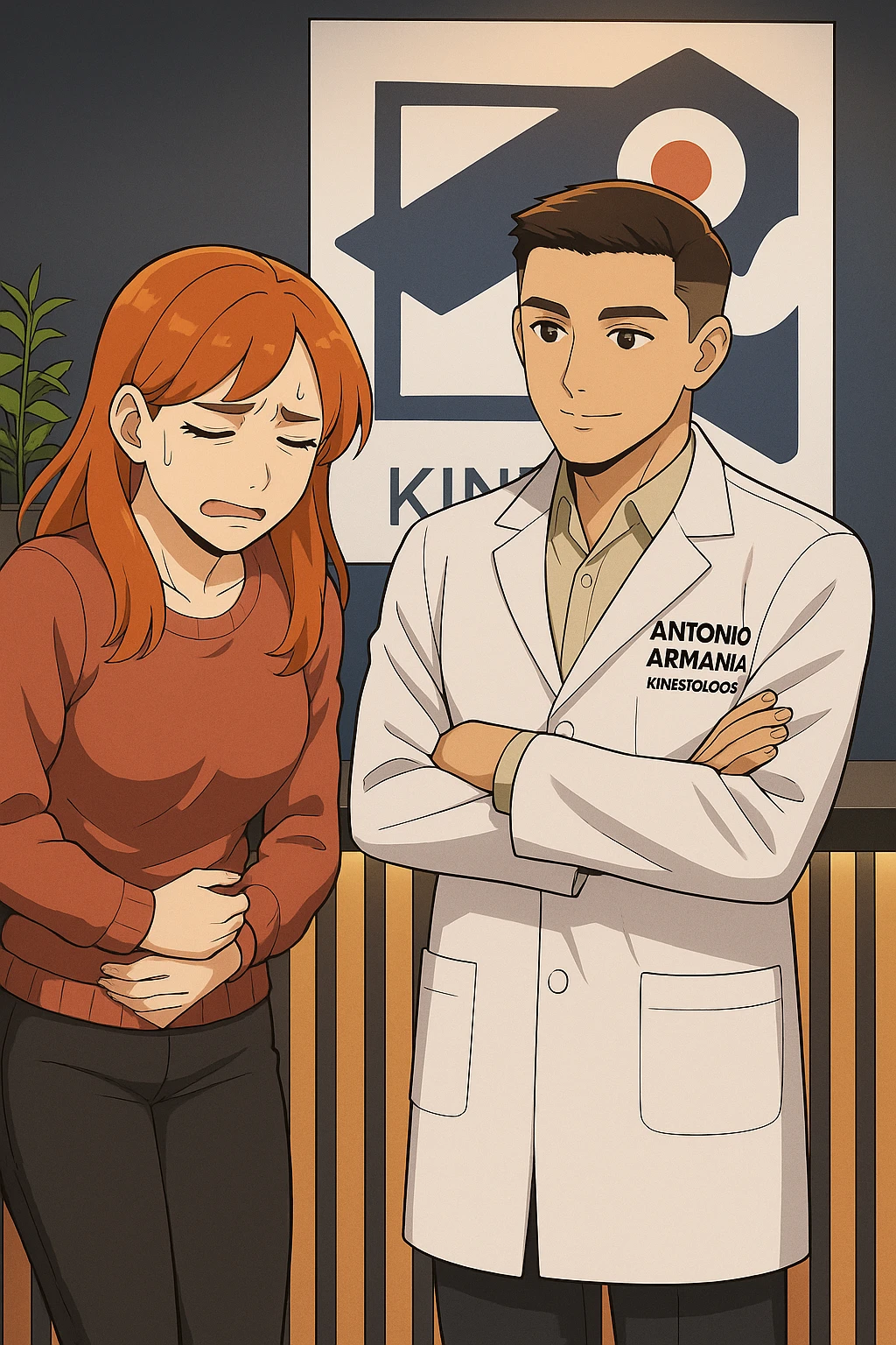 su questo stile fai un manga/webtoon a colori in cui una donna si lamenta che sta male e ha mal di pancia, l'uomo della foto in stile manga gli risponde, mantieni un ambiente simile alla foto che ho allegato con il suo logo (sarebbe il suo studio, lui è un kinesiologo), scrivigli "ANTONIO ANANIA" sul camice bianco, non mettere fumetti, ma fai in modo che sembri che la donna chiede una cosa e l'uomo risponde alla sua domanda emoji