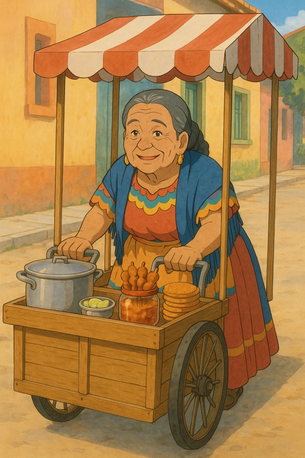 old Mexican lady pushing a food cart, warm and friendly, traditional dress, vibrant colors, street vendor, detailed, no text, ghibli style emoji