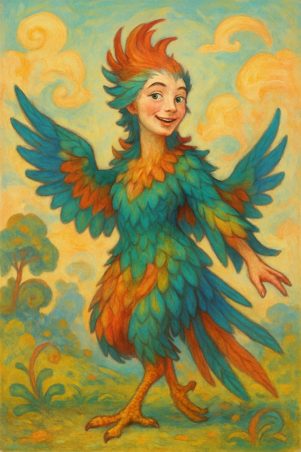 hybrid bird woman with mostly bird features, fantasy style, any bird species, whimsical and playful, colorful feathers, lighthearted expression emoji