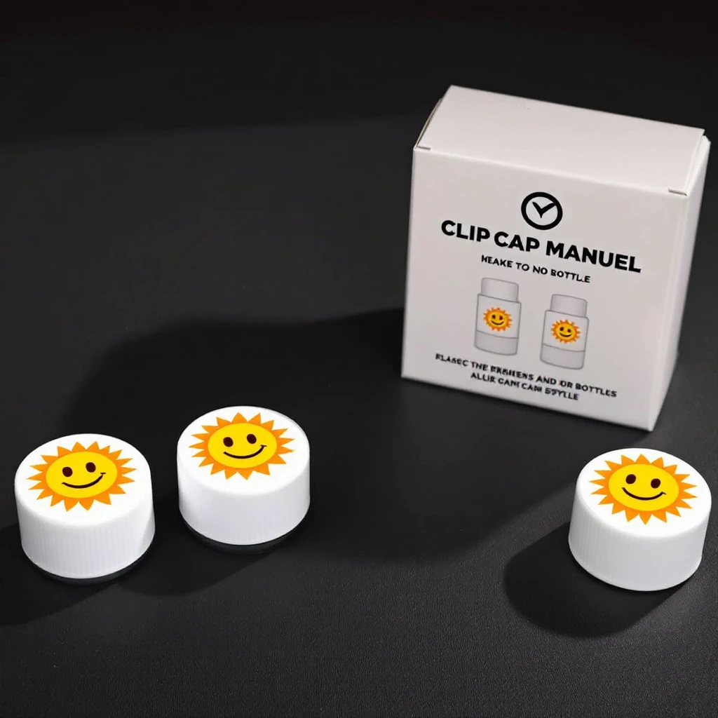 Place the attached sun smiley emoji pattern on the white caps of the ClipCap Duo bottles, as if the pattern is on the top of the caps. Keep the background, box, and text unchanged. emoji