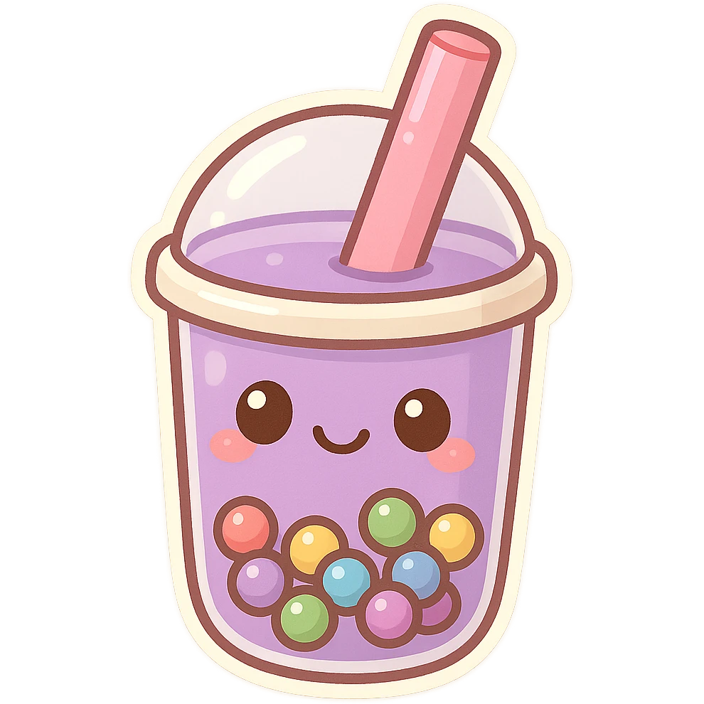 Purple pearl milk tea with rainbow boba, cute and exaggerated Q version sticker style emoji