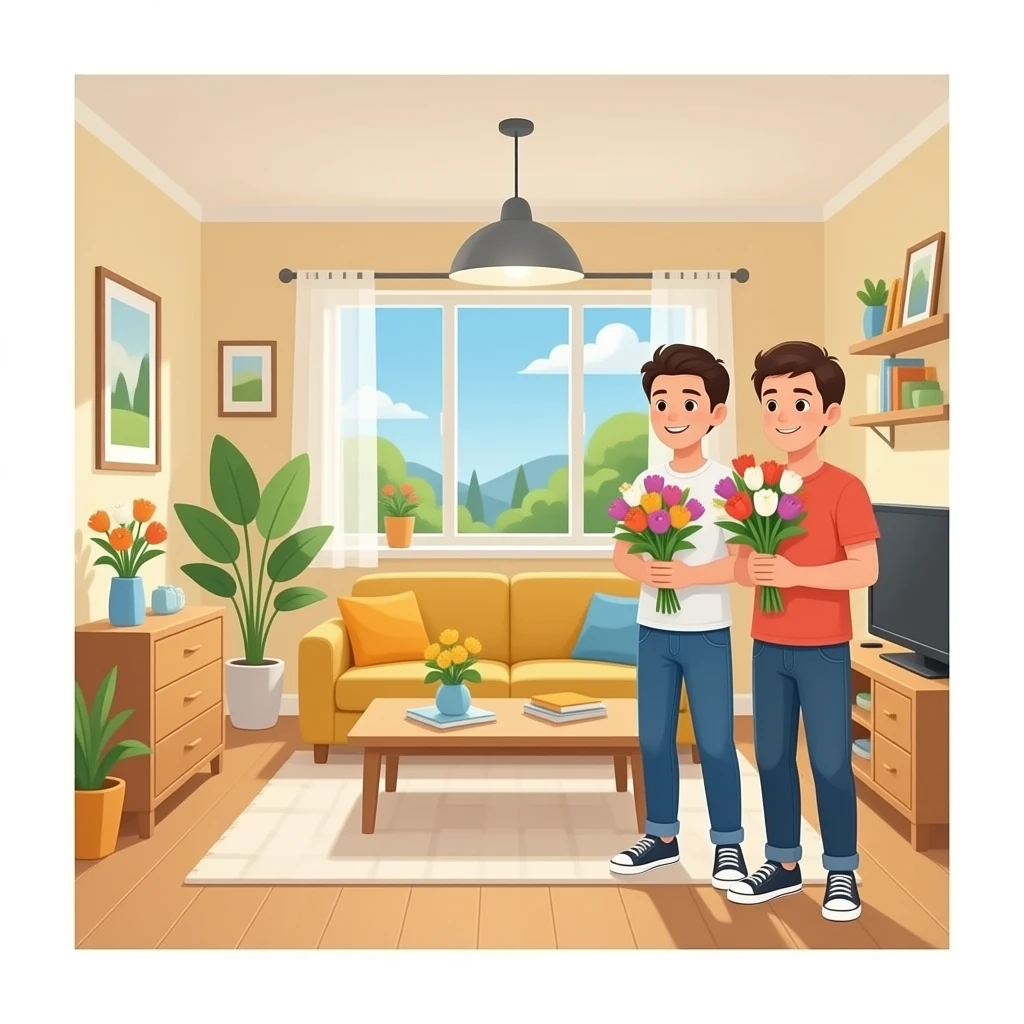 una casa por dentro con muebles i garones con flores emoji