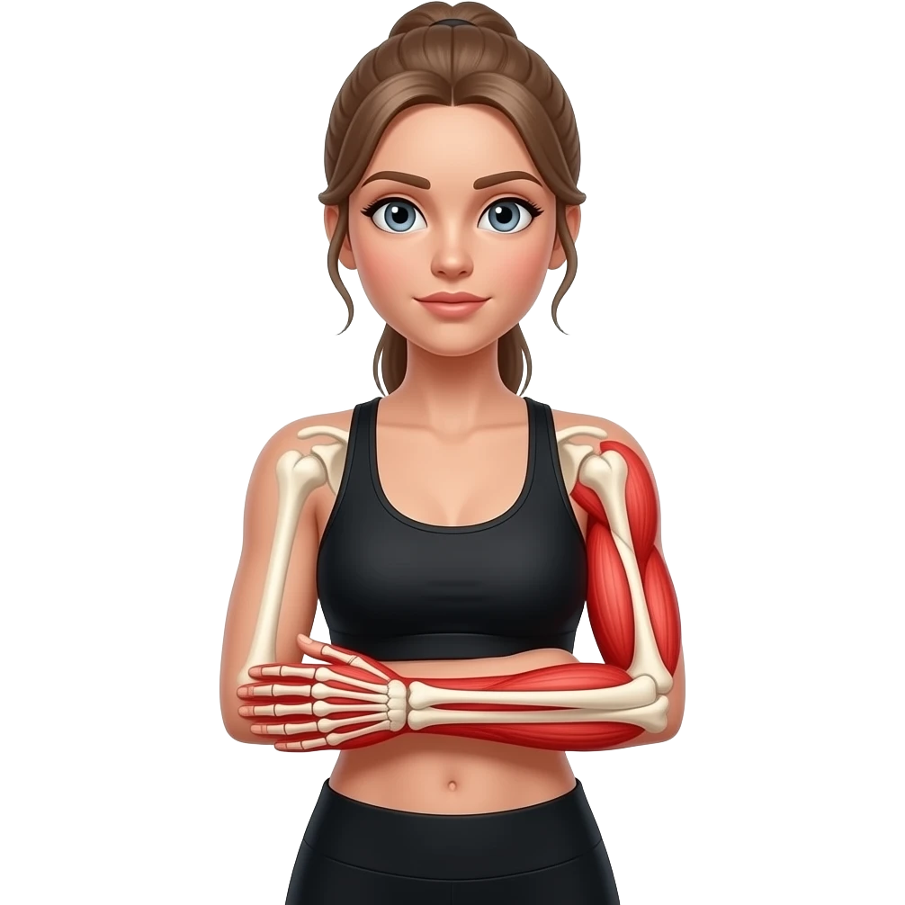 arm pain, anatomical highlight of both arms with arm bones and muscles visible, full red glow from shoulders to hands, woman holding one arm, fair-skinned woman, gray-blue eyes, ash brown brows, ash light brown hair tied back, slim athletic body, black workout set emoji