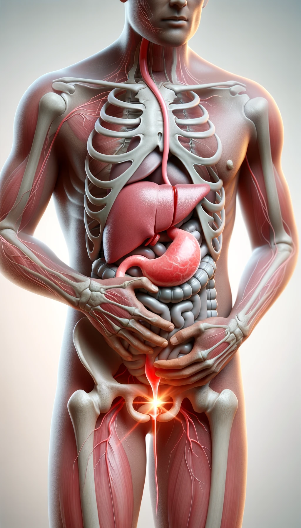 cistifellea umana anatomica realistica e intestino sono collegati nel dolore, sfondo chiaro emoji