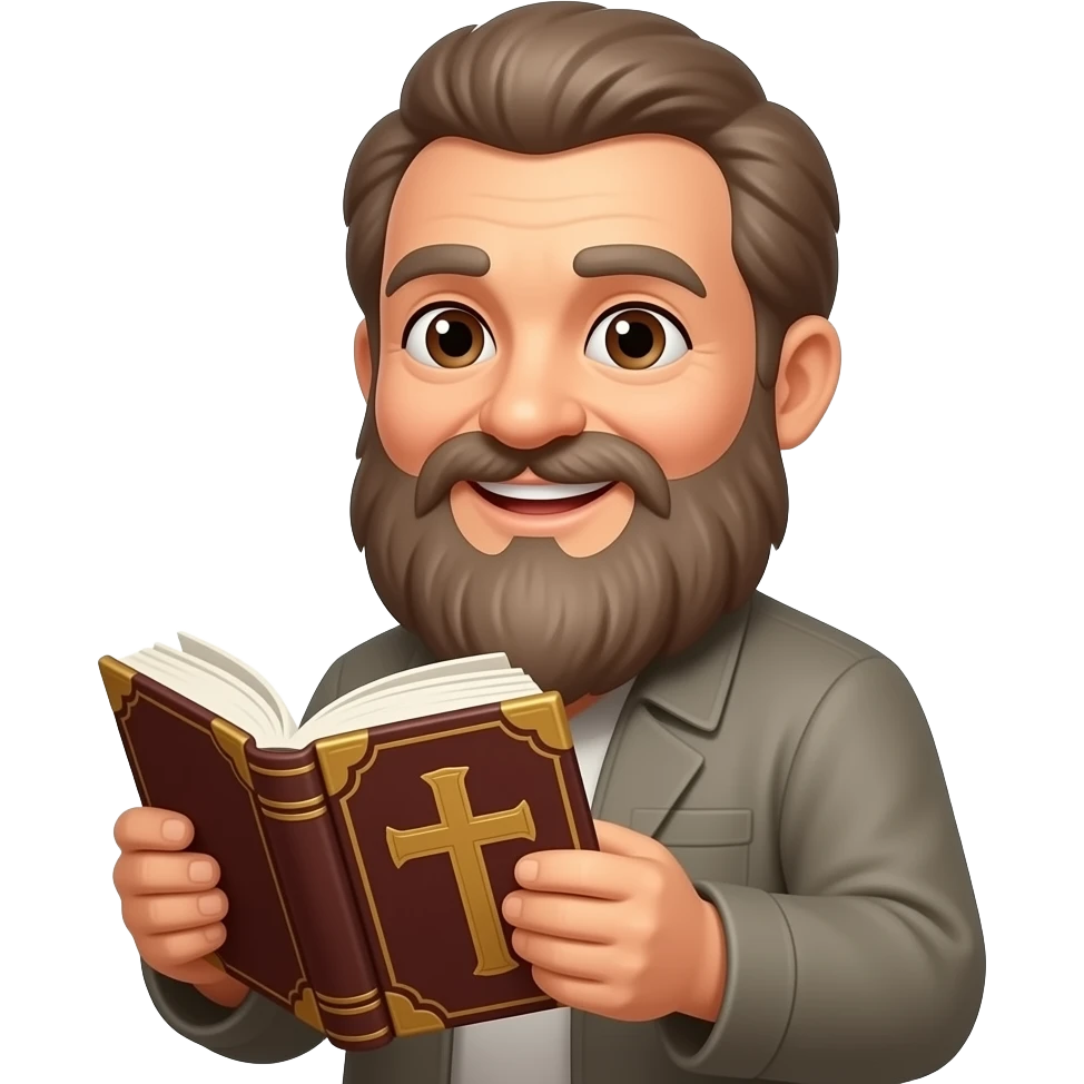 wise old man with greying brown hair beard brown eyes smile with book that has a cross on it emoji