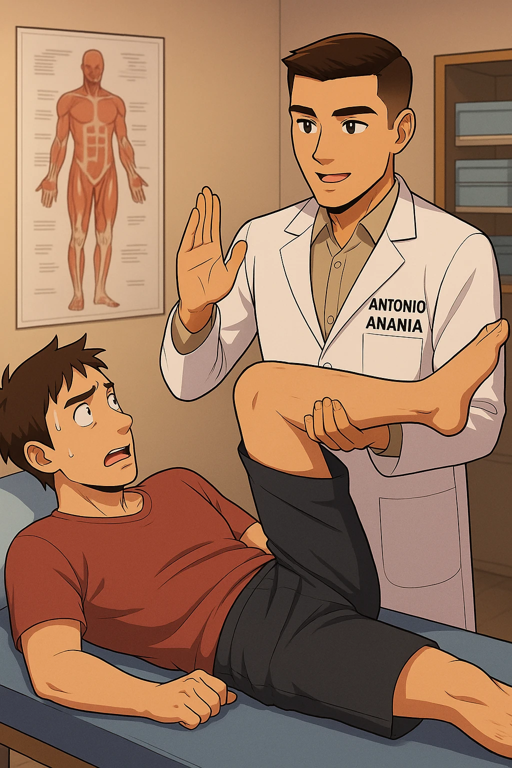 fai un webtoon manga a colori con questo stile, in cui un uomo è steso sul lettino medico e il kinesiologo con il camice bianco (fagli anche la scritta "ANTONIO ANANIA" SUL CAMICE, gli solleva una gamba per fargli il test neuromuscolare, IL KINESIOLOGO SPIEGA ALL'UOMO UNA cosa mentre gli alza la gamba. non fare i fumetti però, fai solo in modo che sembri stiano parlando emoji