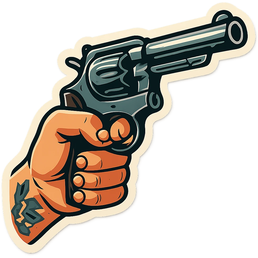 male hand holding a revolver, retro stickers style, clear black outlines, expressive shadows and highlights, no gradients, only sharp color transitions, hand with tattoo emoji