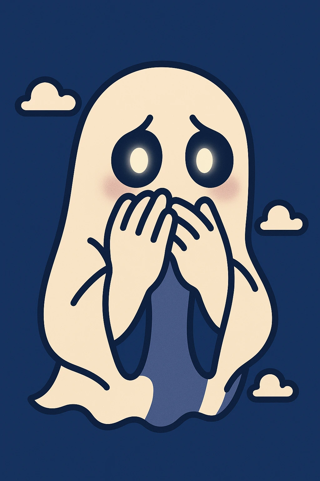 2D horror emoji with shy expression, timid ghost peeking from behind its hands, faint blush, eerie glowing eyes emoji