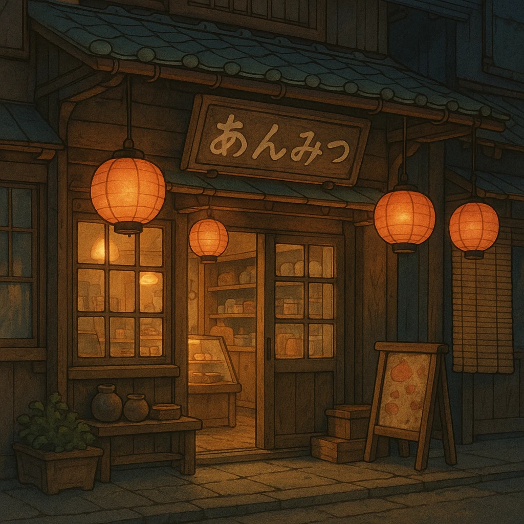 Cozy anime storefront with traditional Asian elements, warm lighting, hanging lanterns, shop sign in Japanese style, Studio Ghibli style emoji