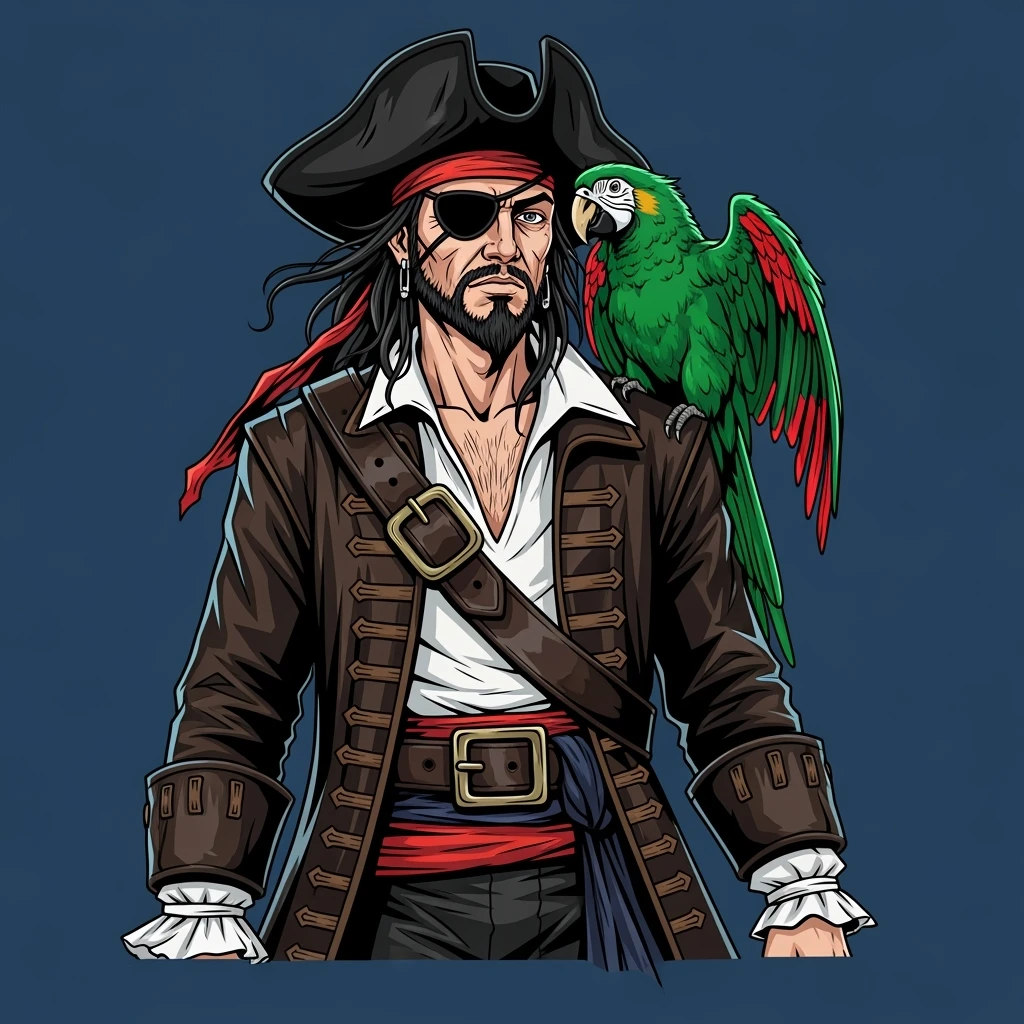 digital vector art of pirate with eye patch and parrot emoji