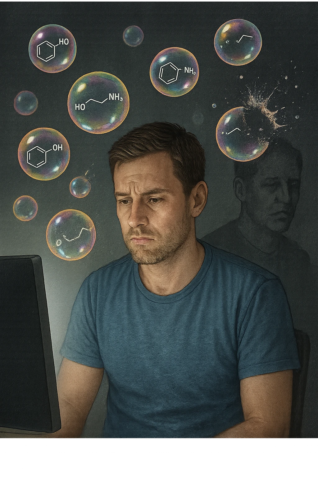 a man sits in front of a glowing screen, with colorful, artificial-looking dopamine molecules floating around his head like soap bubbles. Some bubbles pop and disappear quickly, symbolizing fleeting pleasure. In the background, a shadowy version of the man looks unsatisfied or empty, highlighting the temporary nature of the gratification. realistica con persone vere emoji