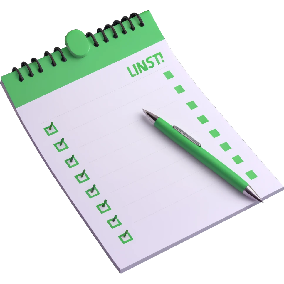 3D style to-do list, all tasks completed with green checks, pen on the right side, smooth and glossy finish, simple composition emoji