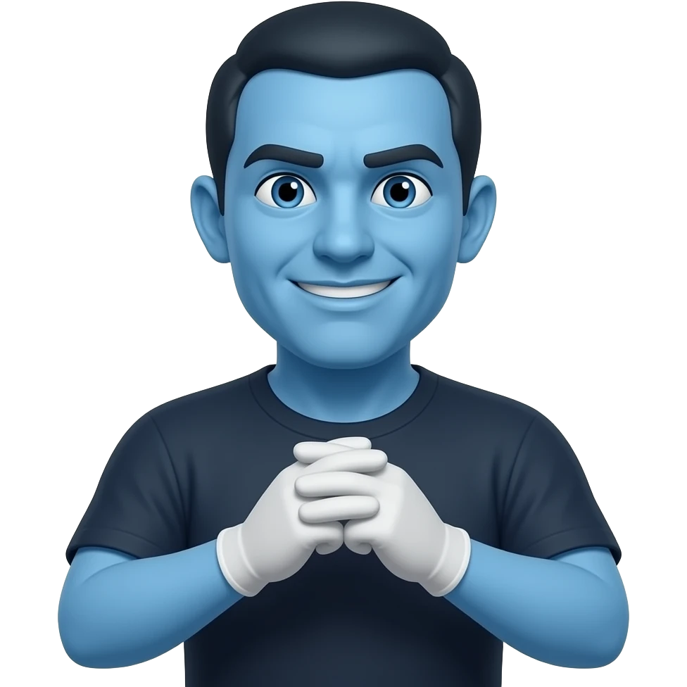 a blue emoji that is mischievously rubbing his while gloved hands together emoji
