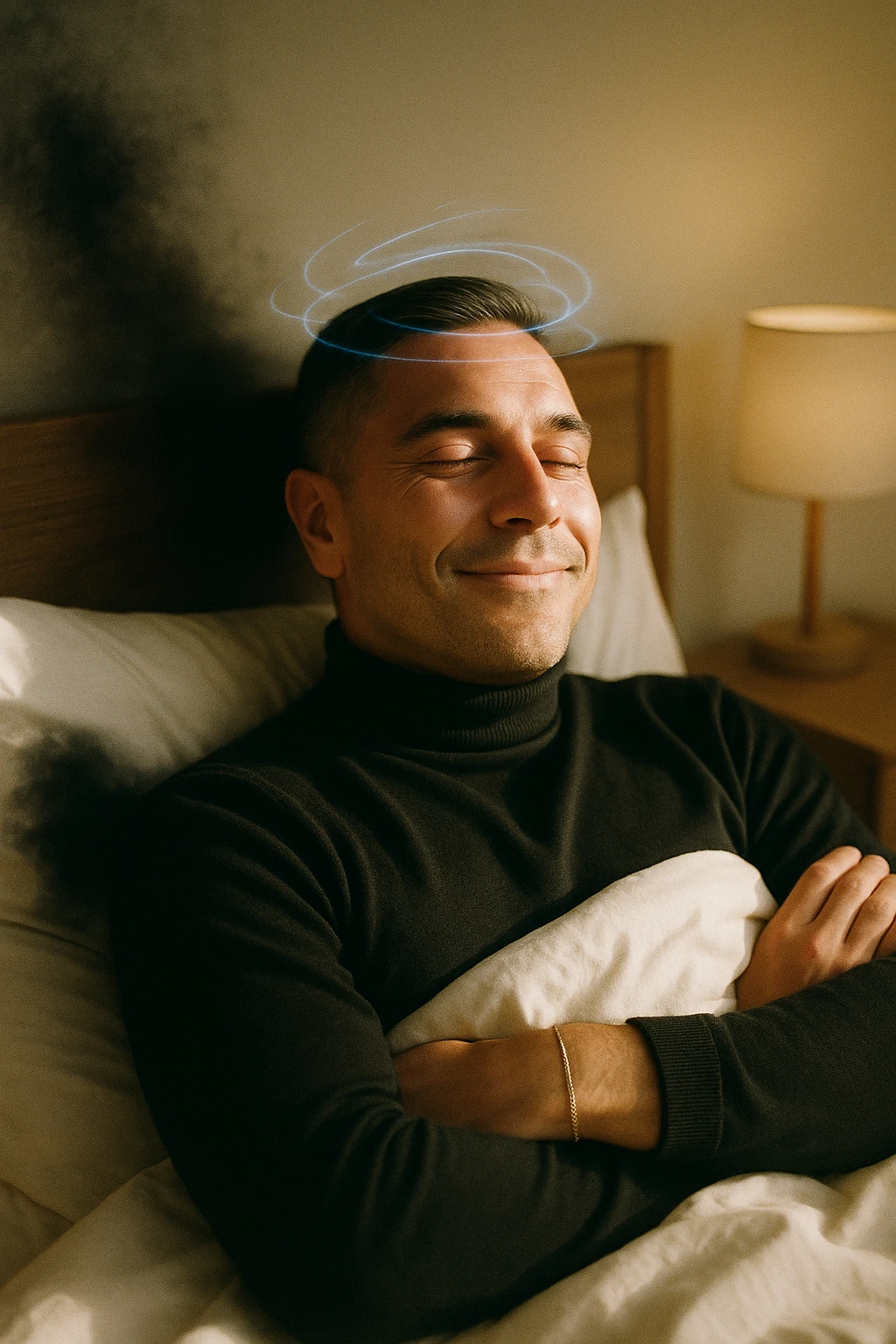 A cinematic image of a man in his mid-30s lying in bed, just waking up from deep sleep. His expression is calm and visibly transformed — a sense of inner peace, relief and subtle joy on his face. Soft morning light enters the room, casting gentle golden tones over his features. His eyes sono ancora semi chiusi, ma il viso è disteso, come se un grande peso fosse stato rilasciato durante la notte. Accanto a lui, simbolicamente sfocato, un’ombra o un alone scuro si dissolve, rappresentando il malessere notturno superato. Intorno alla sua testa, leggere onde di luce azzurra o bianca simboleggiano l’attività cerebrale rigenerativa della fase REM. La camera è ordinata, minimalista, con materiali naturali. L’atmosfera è serena, rigenerativa, intima. Shot in 35mm film style, high realism, shallow depth of field, warm highlights and clean shadows. emoji
