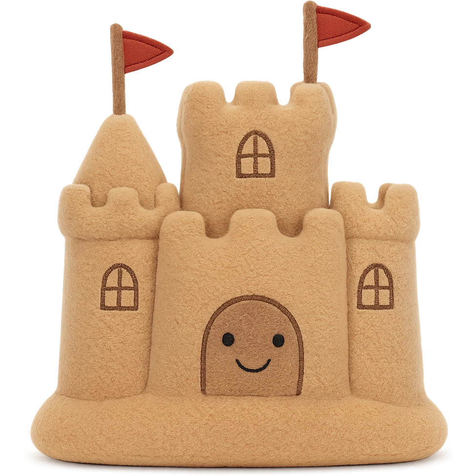 a plush jellycat toy designed as a whimsical sand castle, with embroidered windows and flags emoji