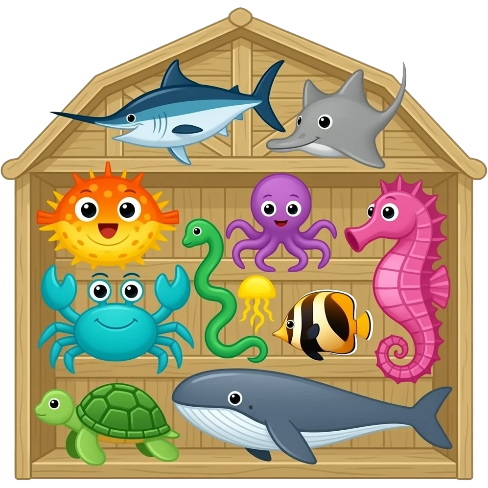 ocean animals inside the barn (farm): Blue swordfish, gray stingray, orange and yellow blowfish, purple octopus, turquoise crab, green eel, yellow jellyfish, orange and black angelfish, gray whale, green sea turtle, and pink seahorse emoji