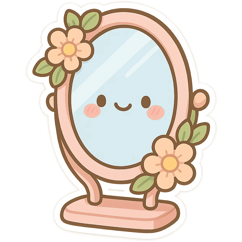 chibi sticker-style mirror with a pink frame, floral details, girly, cute and exaggerated emoji