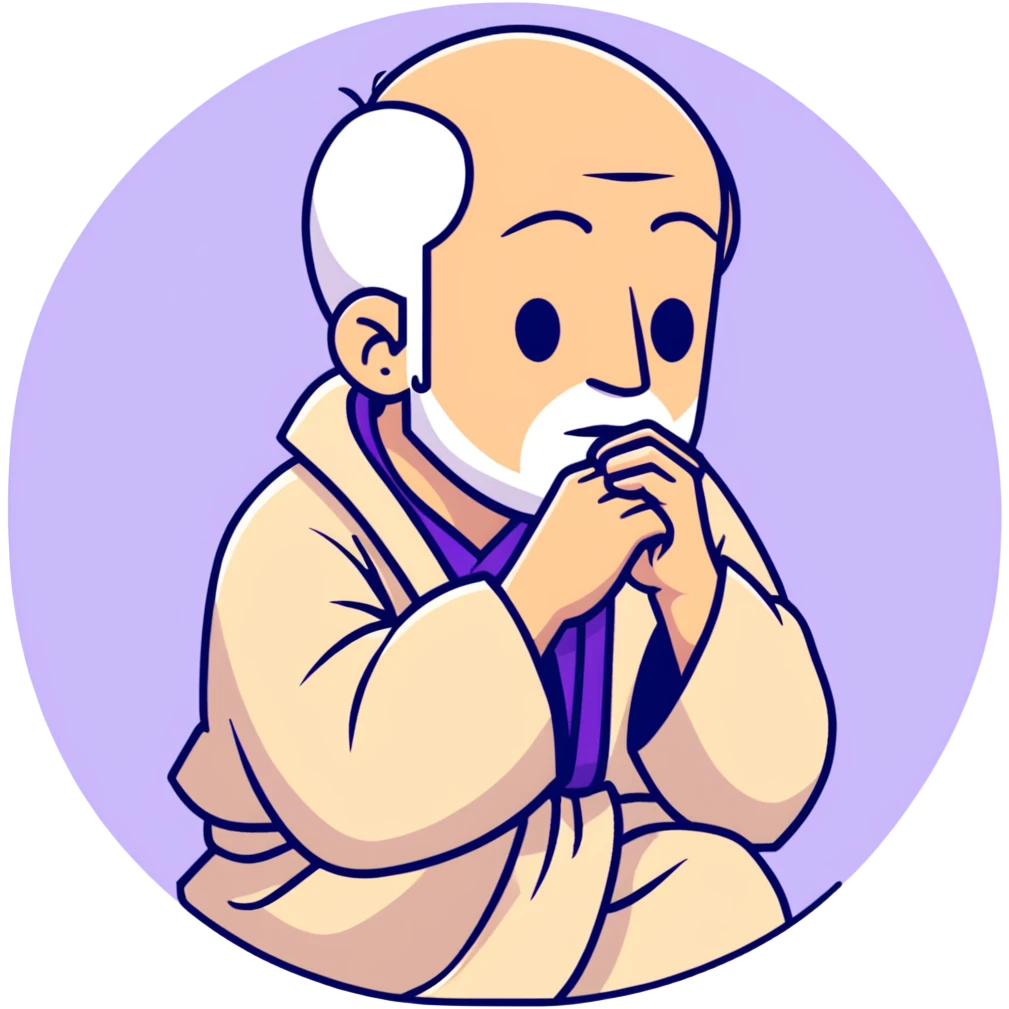 thoughtful philosopher with hand on chin, sitting in contemplative pose, scholarly appearance with robe, beige and brown color palette emoji