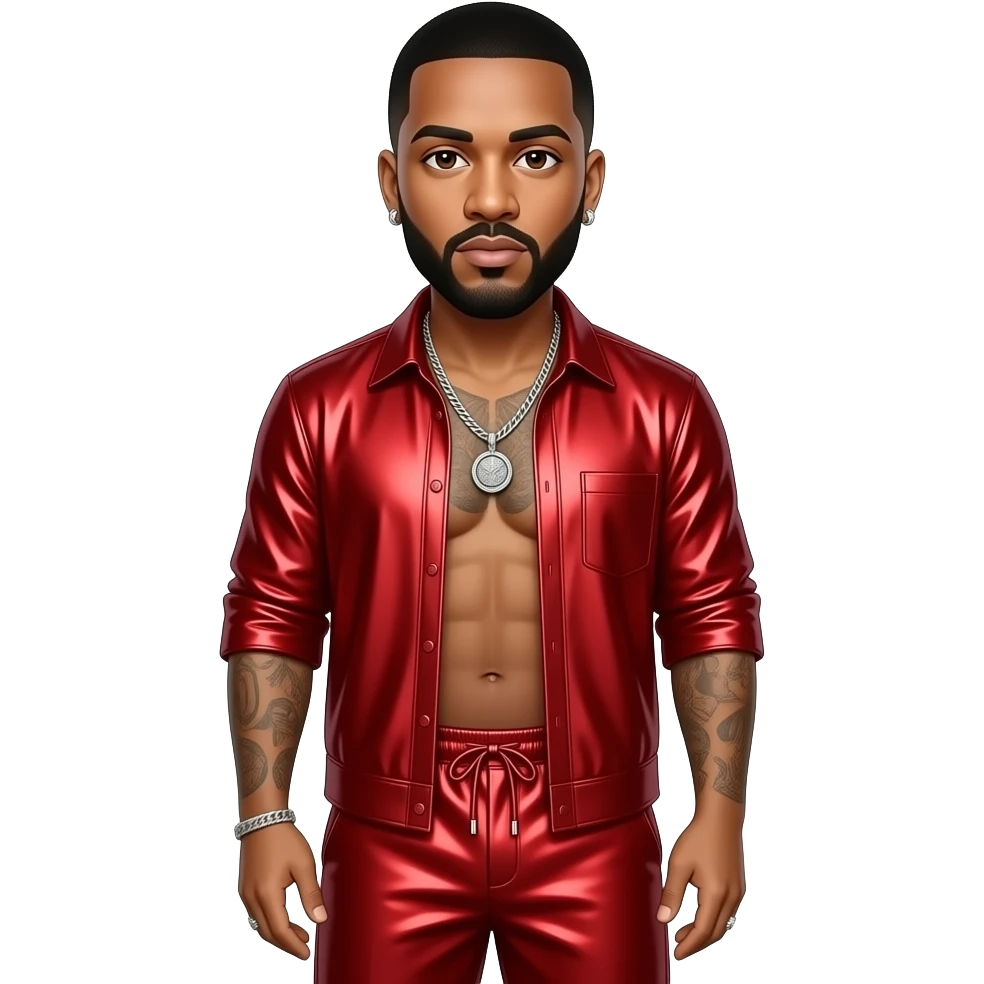 DJ Khaled with dark brown eyes, black hair, red metallic shirt, red metallic baggy pants, shirtless with silver necklace and earrings emoji