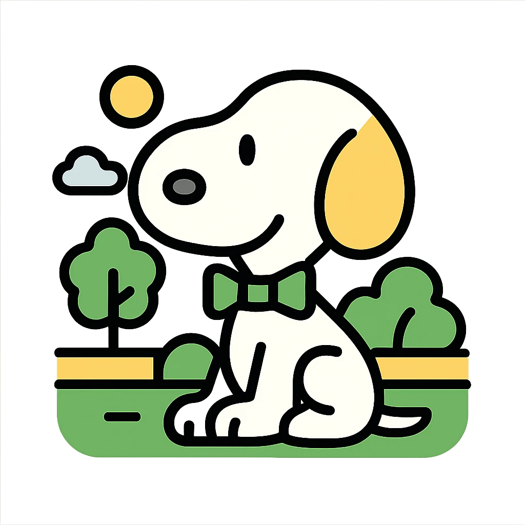 Snoopy, outlined and colorful, with a green bowtie, with a park background emoji