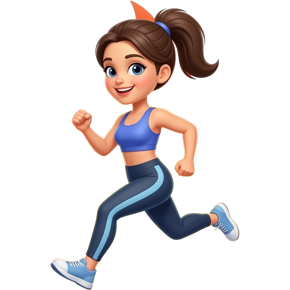 “Hot girl walk” 🚶‍♀️ emoji in Apple iOS style — flat vector, no realism. Woman mid-stride in a cute workout set, ponytail, confident smile. Add stylized cartoon flames around her. emoji