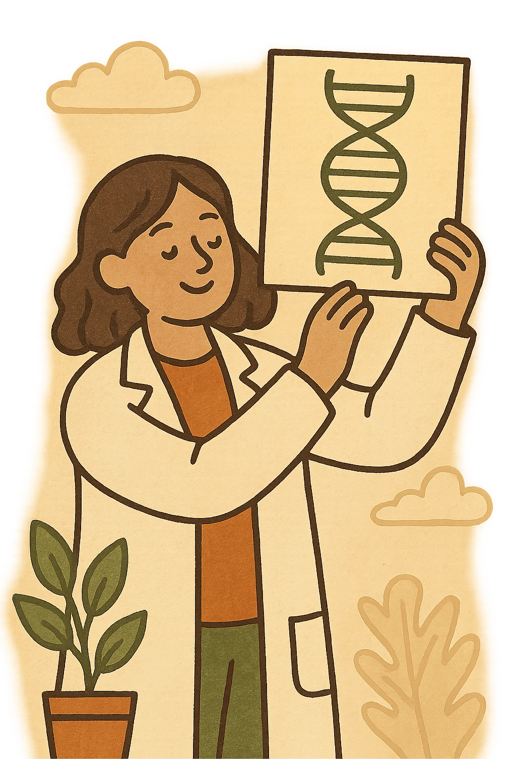 A scientist standing up holding up a picture of DNA emoji