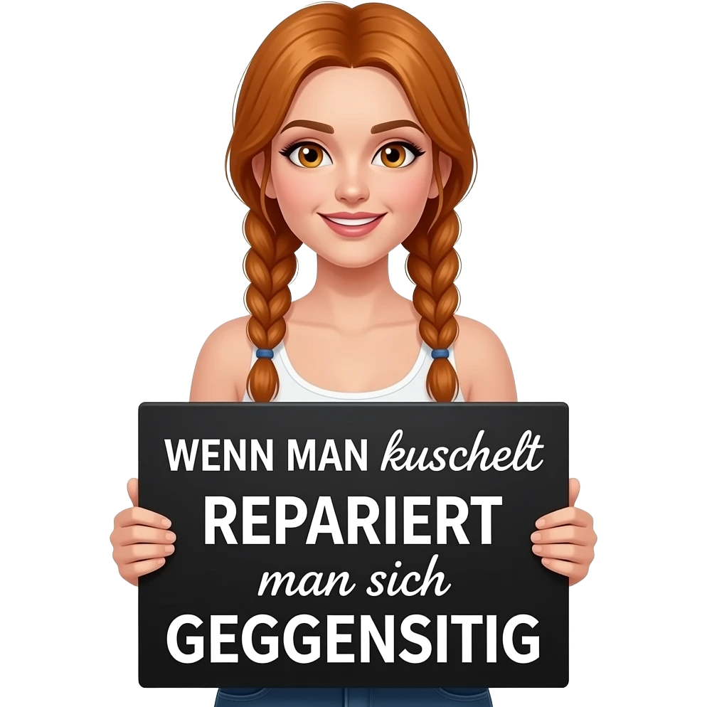 sexy girl with long ginger braids and ginger eyes wearing a white tanktop is holding a big black sign with WENN MAN kuschelt REPARIERT man sich GEGENSEITIG written on it emoji