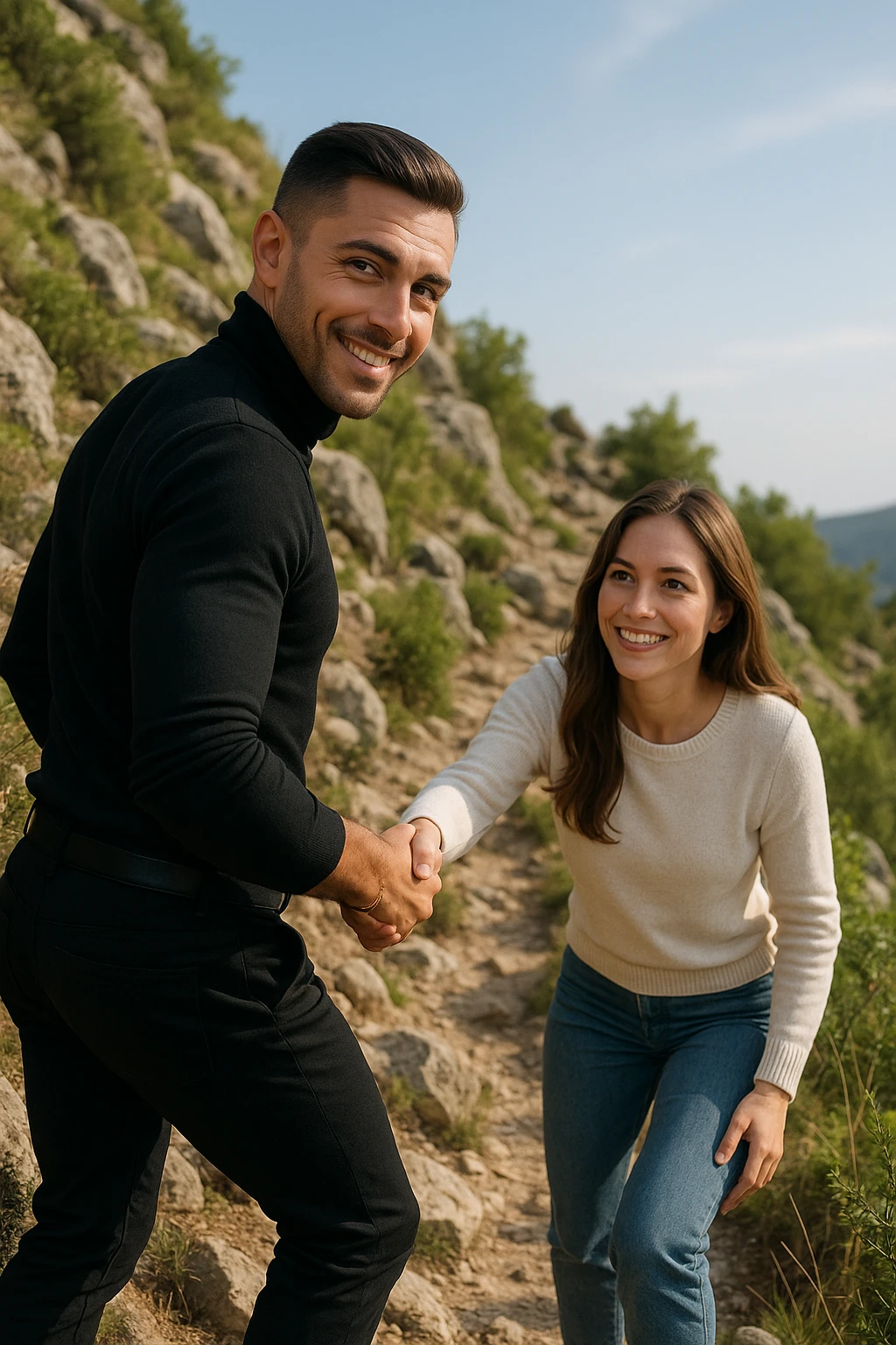 a man and woman climb a mountain trail together, the man leading but frequently looking back to ensure the woman is comfortable and supported. The woman follows with determination and a smile, symbolizing trust, encouragement, and the value of supportive leadership within a relationship. emoji