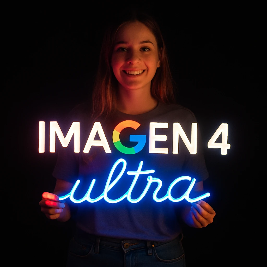 make a girl holding this sign, but sign in made of neon, also add ultra below the sign emoji