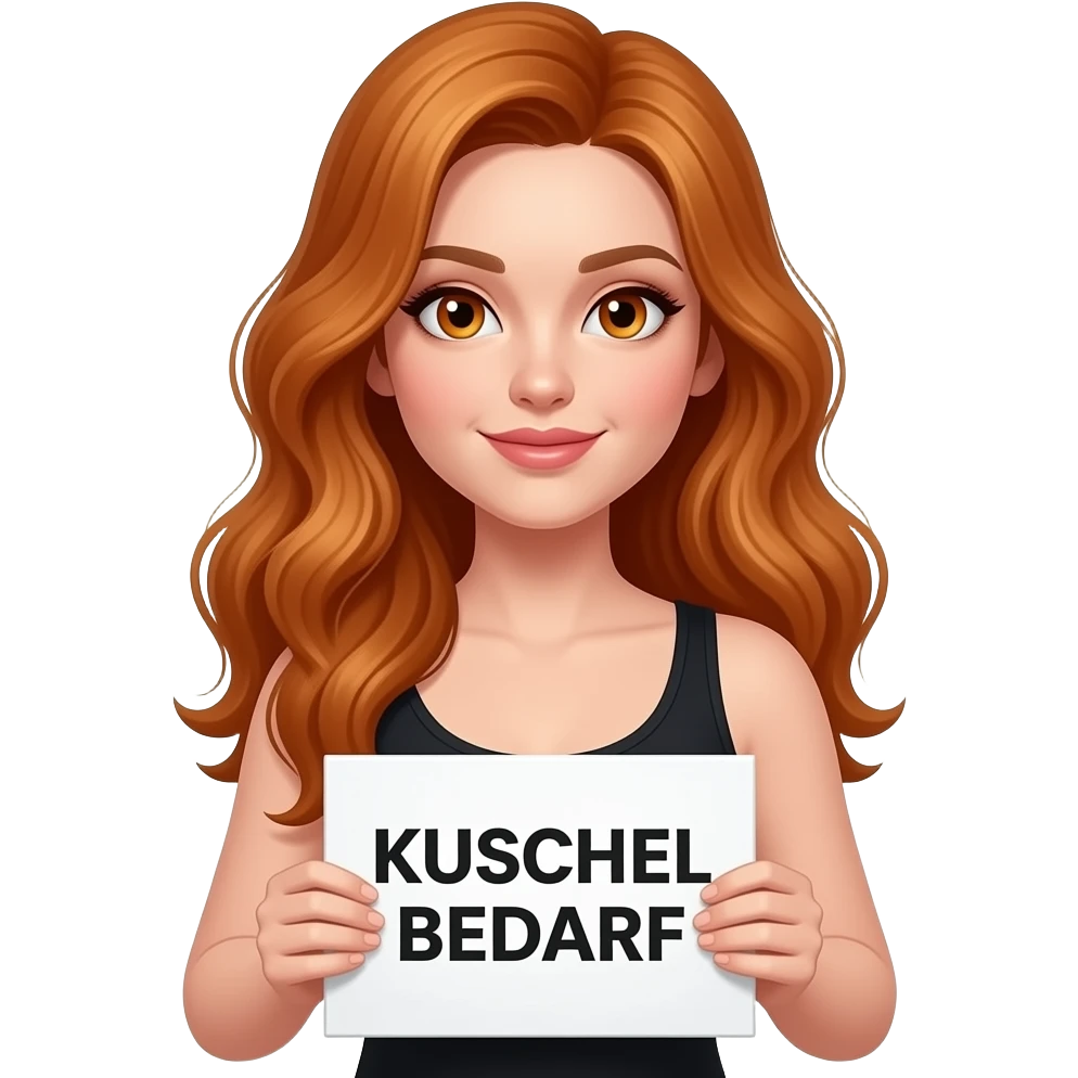 sexy girl with long wavy ginger hair and ginger eyes wearing a black tanktop is holding a white sign with KUSCHEL BEDARF written on it emoji