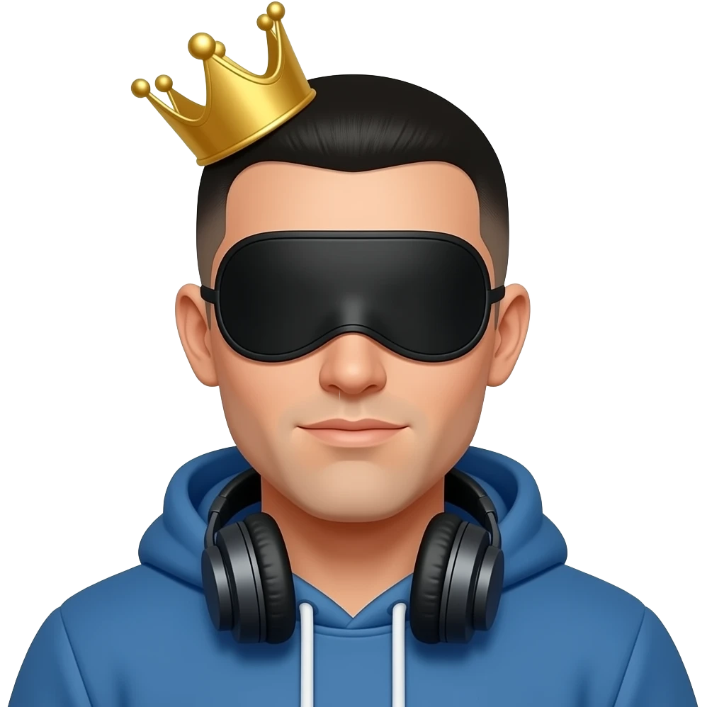 Make a man who has a blue hoodie with headphones on his neck have a crown with a black eyes cover black box and with a short white male black buzz cut and make him a white male emoji