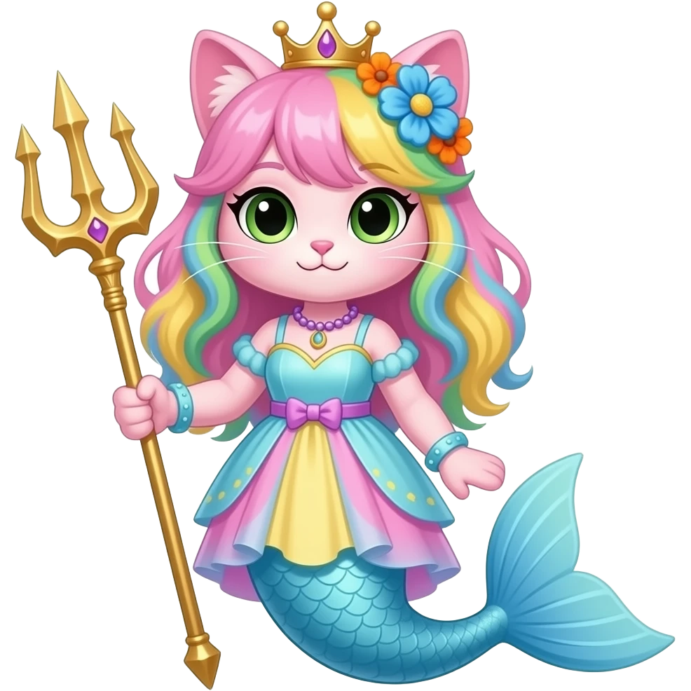 pink anthro cat  with pink and green and yellow hair blue flower orange flower golden crown with light purple necklace light cyan braclets cyan and pink and yellow dress with  attached to cyan  and light blue mermaid tail with dark blue fins holding a golden trident emoji
